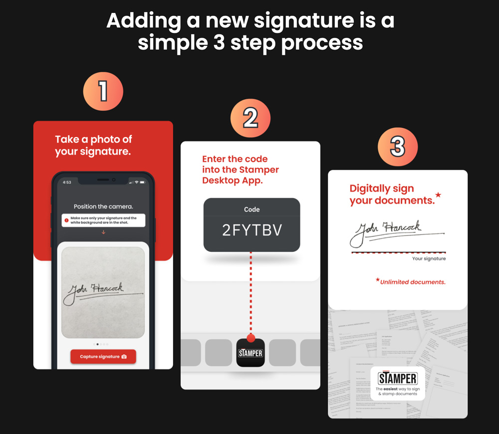 Adding a signature in Stamper is a simple 3 step process