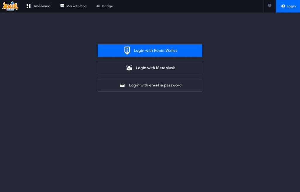 The Axie Infinity marketplace login page